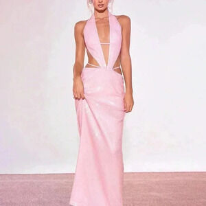 Baby Pink Sexy Women's Sequin Cut Out Front Maxi Dress